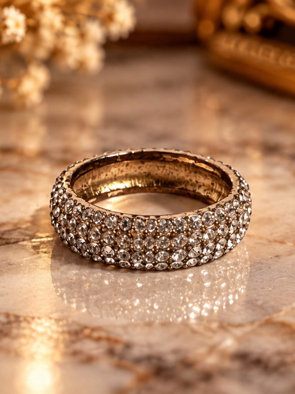 Vintage Gold Tone Wide Pavé Rhinestone Band Ring – Size 8